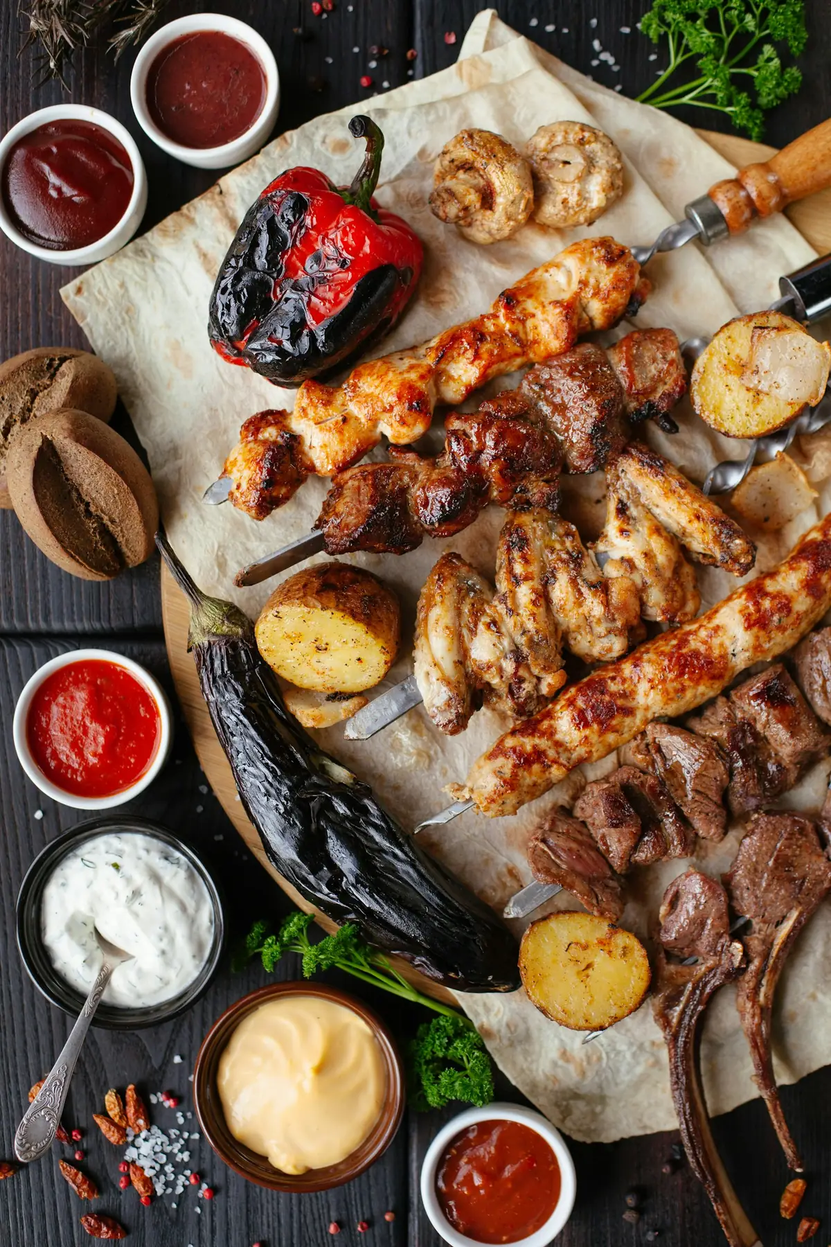 Stół zastawiony grillowanym mięsem i dodatkami
